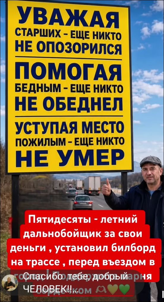 УВАЖАЯ СТАРШИХ - ЕЩЕ НИКТО НЕ ОПОЗОРИЛСЯ ПОМОГАЯ БЕДНЫМ - ЕЩЕ НИКТО НЕ ОБЕДНЕЛ УСТУПАЯ МЕСТО ПОЖИЛЫМ - ЕЩЕ НИКТО НЕ УМЕР Пятидесяти - летний дальнобойщик за свои деньги, установил билборд на трассе, перед въездом в Спасибо тебе, добрый ЧЕЛОВЕК!!