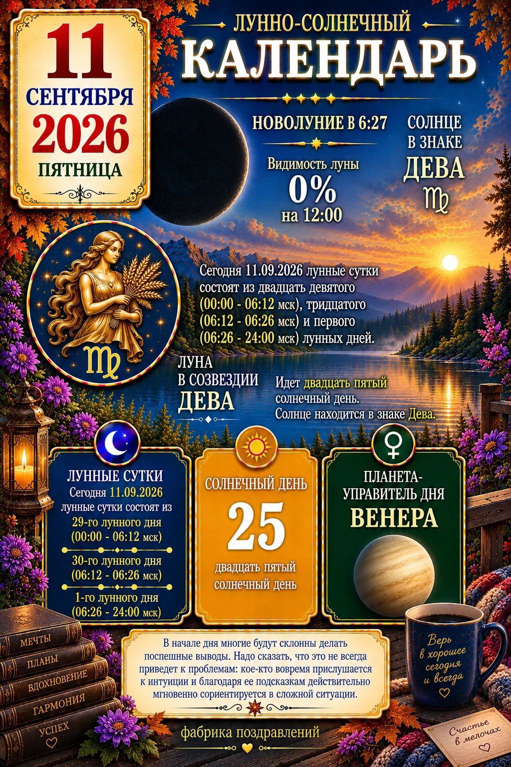 11 СЕНТЯБРЯ 2026 ПЯТНИЦА. ЛУННО-СОЛНЕЧНЫЙ КАЛЕНДАРЬ. НОВОЛУНИЕ В 6:27. ВИДИМОСТЬ ЛУНЫ 0% НА 12:00. СОЛНЦЕ В ЗНАКЕ ДЕВА. Луна в созвездии Дева. Планета-управитель дня ВЕНЕРА. Сегодня 11.09.2026 лунные сутки состоят из двадцати девятого (00:00 - 06:12 мск), тридцатого (06:12 - 06:26 мск) и первого (06:26 - 24:00 мск) лунных дней. Идет двадцать пятый
