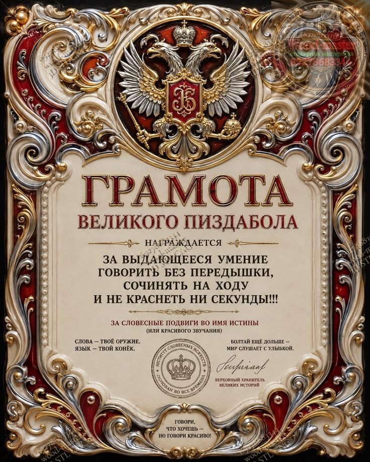 ГРАМОТА ВЕЛИКОГО ПИЗДАБОЛА НАГРАЖДАЕТСЯ ЗА ВЫДАЮЩЕЕСЯ УМЕНИЕ ГОВОРИТЬ БЕЗ ПЕРЕДЫШКИ, СОЧИНЯТЬ НА ХОДУ И НЕ КРАСНЕТЬ НИ СЕКУНДЫ!!! ЗА СЛОВЕСНЫЕ ПОДВИГИ ВО ИМЯ ИСТИНЫ (или красивого звучания) СЛОВА — ТВОЁ ОРУЖИЕ. ЯЗЫК — ТВОЙ КОНЁК. БОЛТАЙ ЕЩЁ ДОЛЬШЕ — МИР СЛУШАЕТ С УЛЫБКОЙ. ИНСТИТУТ СЛОВЕСНЫХ ИСКУССТВ ОСНОВАН ВО ВСЕ ВРЕМЕНА. ВЕРХОВНЫЙ ХРАНИТЕЛЬ