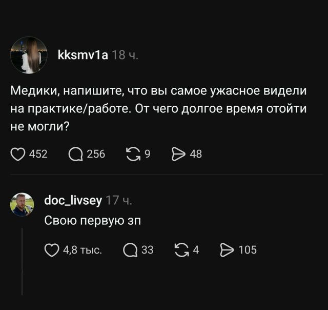 Медики, напишите, что вы самое ужасное видели на практике/работе. От чего долгое время отойти не могли?
Свою первую зп