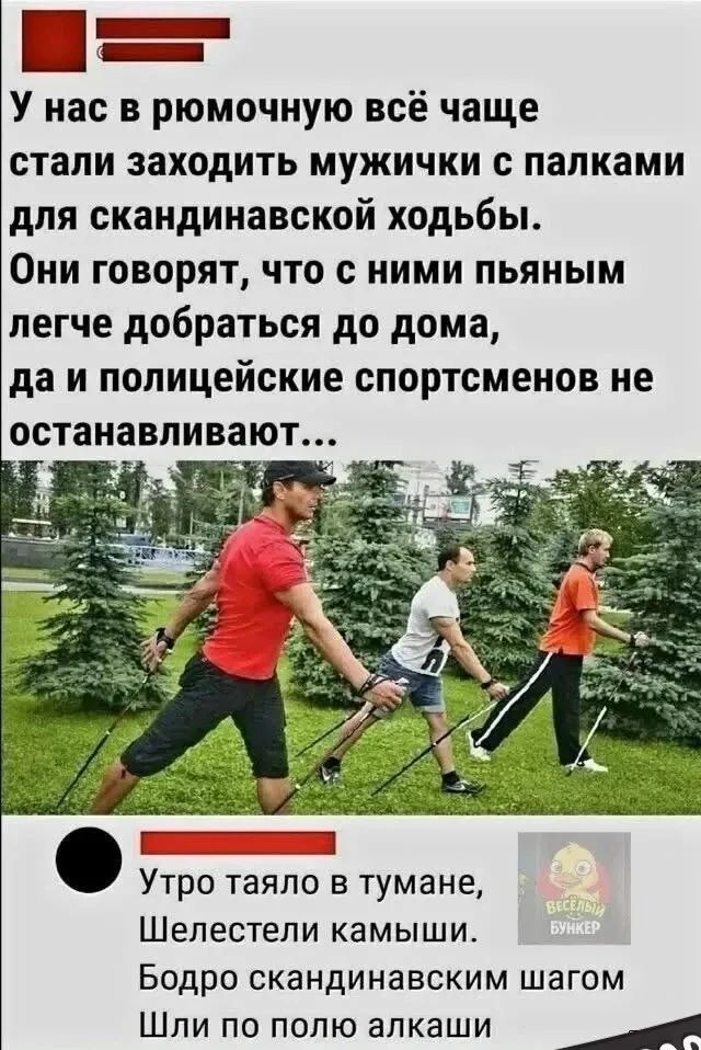 У нас в рюмочную всё чаще стали заходить мужички с палками для скандинавской ходьбы. Они говорят, что с ними пьяным легче добраться до дома, да и полицейские спортсменов не останавливают... Утро таяло в тумане, Шелестели камыши. Бодро скандинавским шагом Шли по полю алкаши