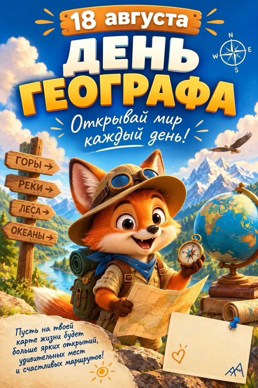 18 августа День географа. Открывай мир каждый день! Горы, реки, леса, океаны. Пусть на твоей карте жизни будет больше ярких открытий, удивительных мест и счастливых маршрутов!