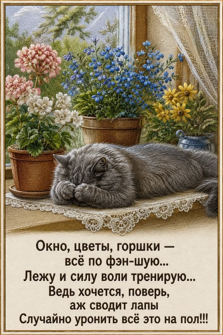 Окно, цветы, горшки — всё по фэн-шую... Лежу и силу воли тренирую... Ведь хочется, поверь, аж сводит лапы Случайно уронить всё это на пол!!!