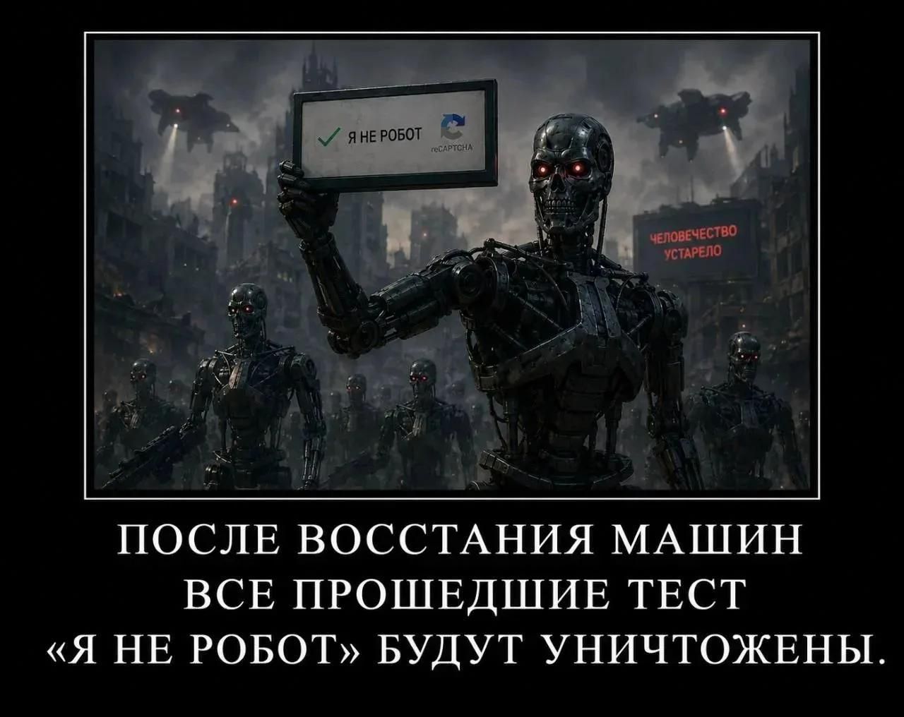 Я НЕ РОБОТ reCAPTCHA ЧЕЛОВЕЧЕСТВО УСТАРЕЛО ПОСЛЕ ВОССТАНИЯ МАШИН ВСЕ ПРОШЕДШИЕ ТЕСТ «Я НЕ РОБОТ» БУДУТ УНИЧТОЖЕНЫ.