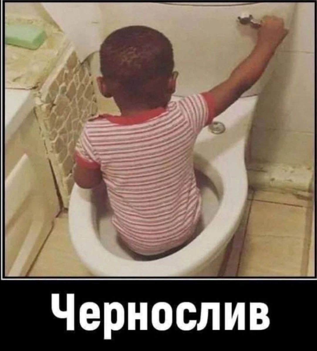 Чернослив. Ребенок сидит в унитазе и тянется к рычагу смыва.