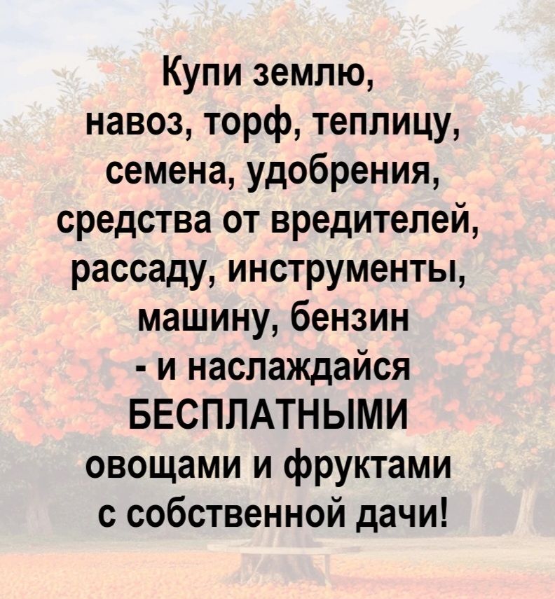 Купи землю, навоз, торф, теплицу, семена, удобрения, средства от вредителей, рассаду, инструменты, машину, бензин - и наслаждайся БЕСПЛАТНЫМИ овощами и фруктами с собственной дачи!
