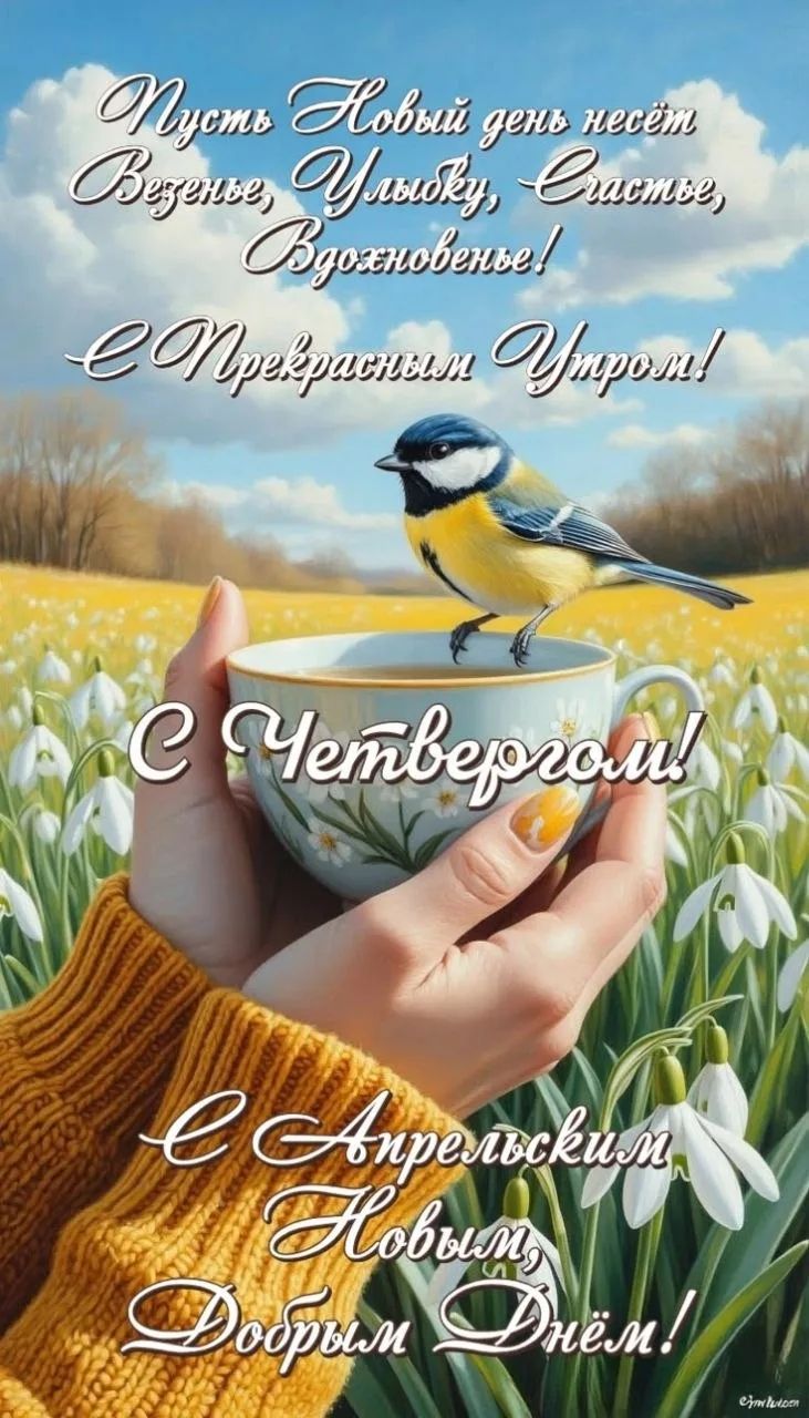 Пусть Новый день несёт Везенье, Улыбку, Счастье, Вдохновенье! С Прекрасным Утром! С Четвергом! С Апрельским Новым, Добрым Днём!
