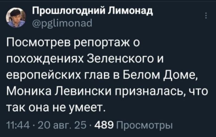 Посмотрев репортаж о похождениях Зеленского и европейских глав в Белом Доме, Моника Левински призналась, что так она не умеет.