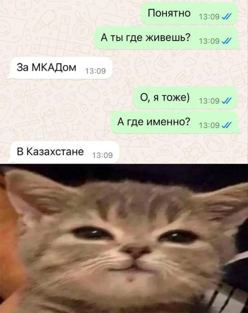 Понятно А ты где живешь? За МКАДом О, я тоже) А где именно? В Казахстане