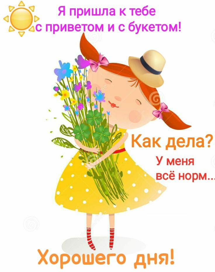 Я пришла к тебе с приветом и с букетом! Как дела? У меня всё норм... Хорошего дня!