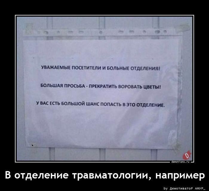 УВАЖАЕМЫЕ ПОСЕТИТЕЛИ И БОЛЬНЫЕ ОТДЕЛЕНИЯ! БОЛЬШАЯ ПРОСЬБА - ПРЕКРАТИТЬ ВОРОВАТЬ ЦВЕТЫ! У ВАС ЕСТЬ БОЛЬШОЙ ШАНС ПОПАСТЬ В ЭТО ОТДЕЛЕНИЕ. В отделение травматологии, например