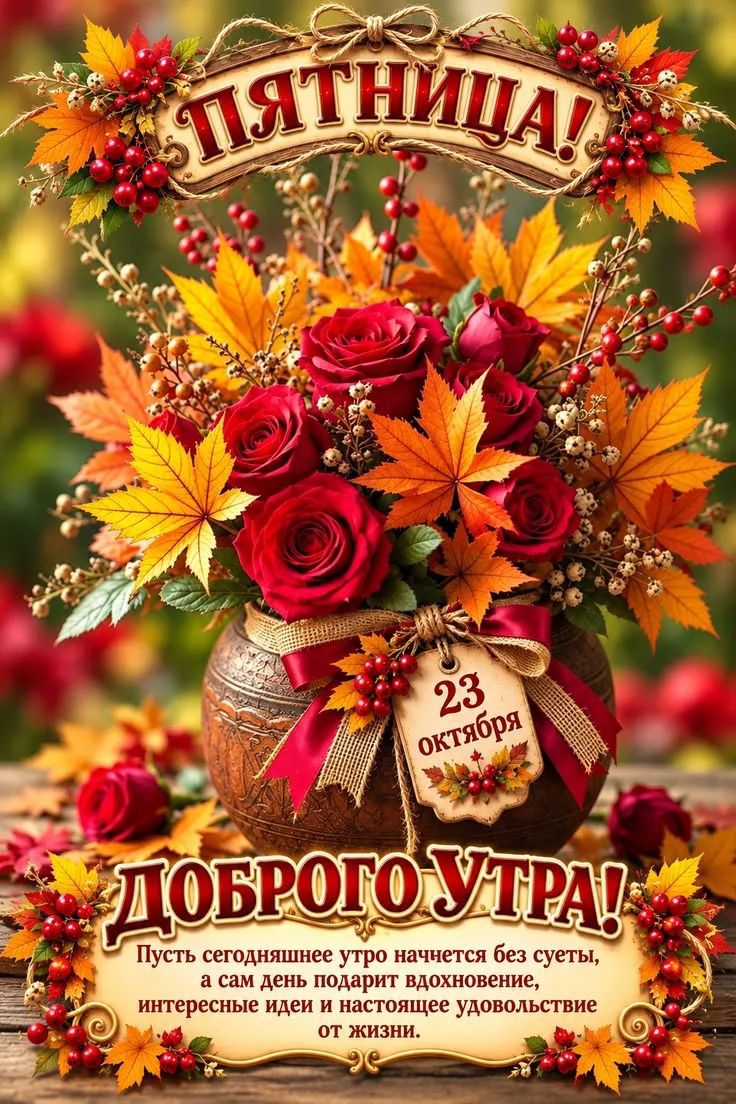 Пятница! 23 октября. Доброго утра! Пусть сегодняшнее утро начнется без суеты, а сам день подарит вдохновение, интересные идеи и настоящее удовольствие от жизни.