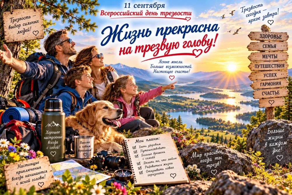 11 сентября Всероссийский день трезвости Жизнь прекрасна на трезвую голову! Трезвость — выбор сильных людей! Трезвость сегодня — яркое завтра! Ясные мысли. Больше возможностей. Настоящее счастье! ЗДОРОВЬЕ СЕМЬЯ МЕЧТЫ ПУТЕШЕСТВИЕ УСПЕХ ГАРМОНИЯ СЧАСТЬЕ Хорошее настроение всегда с собой! Вместе к новым вершинам! Мои планы: Быть здоровым