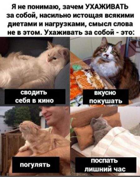 Я не понимаю, зачем УХАЖИВАТЬ за собой, насильно истощая всякими диетами и нагрузками, смысл слова не в этом. Ухаживать за собой - это: сводить себя в кино, вкусно покушать, погулять, поспать лишний час.