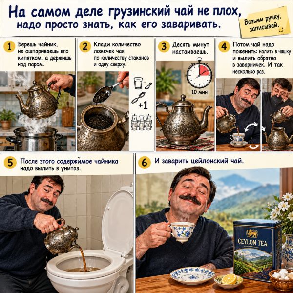 На самом деле грузинский чай не плох, надо просто знать, как его заваривать. 1 Берешь чайник, не ошпариваешь его кипятком, а держишь над паром. 2 Клади количество ложечек чая по количеству стаканов и одну сверху. 3 Десять минут настаиваешь. 4 Потом чай надо поженить: налить в чашку и вылить обратно в заварничек. И так несколько раз. 5 После этого