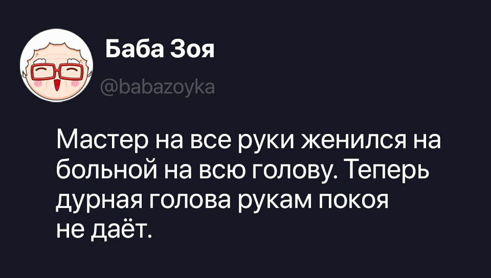 Мастер на все руки женился на больной на всю голову. Теперь дурная голова рукам покоя не даёт.