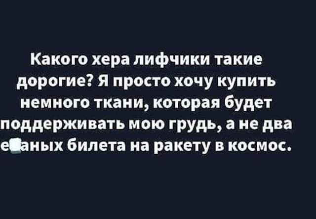 Какого хера лифчики такие дорогие? Я просто хочу купить немного ткани, которая будет поддерживать мою грудь, а не два ебаных билета на ракету в космос.