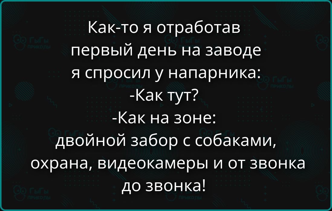 Как-то я отработав первый день на заводе я спросил у напарника: -Как тут? -Как на зоне: двойной забор с собаками, охрана, видеокамеры и от звонка до звонка!