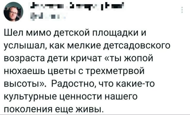 Шел мимо детской площадки и услышал, как мелкие детсадовского возраста дети кричат «ты жопой нюхаешь цветы с трехметровой высоты». Радостно, что какие-то культурные ценности нашего поколения еще живы.