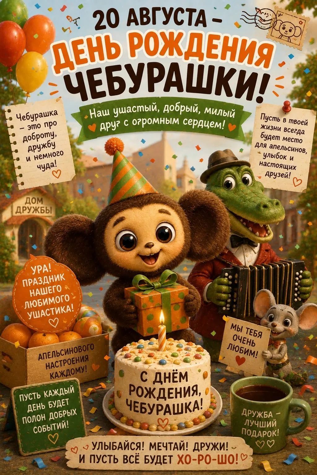 20 августа — День рождения Чебурашки! Наш ушастый, добрый, милый друг с огромным сердцем! С днем рождения, Чебурашка! Ура! Праздник нашего любимого ушастика! Апельсинового настроения каждому! Чебурашка — это про доброту, дружбу и немного чуда! Пусть в твоей жизни всегда будет место для апельсинов, улыбок и настоящих друзей! Мы тебя очень любим!