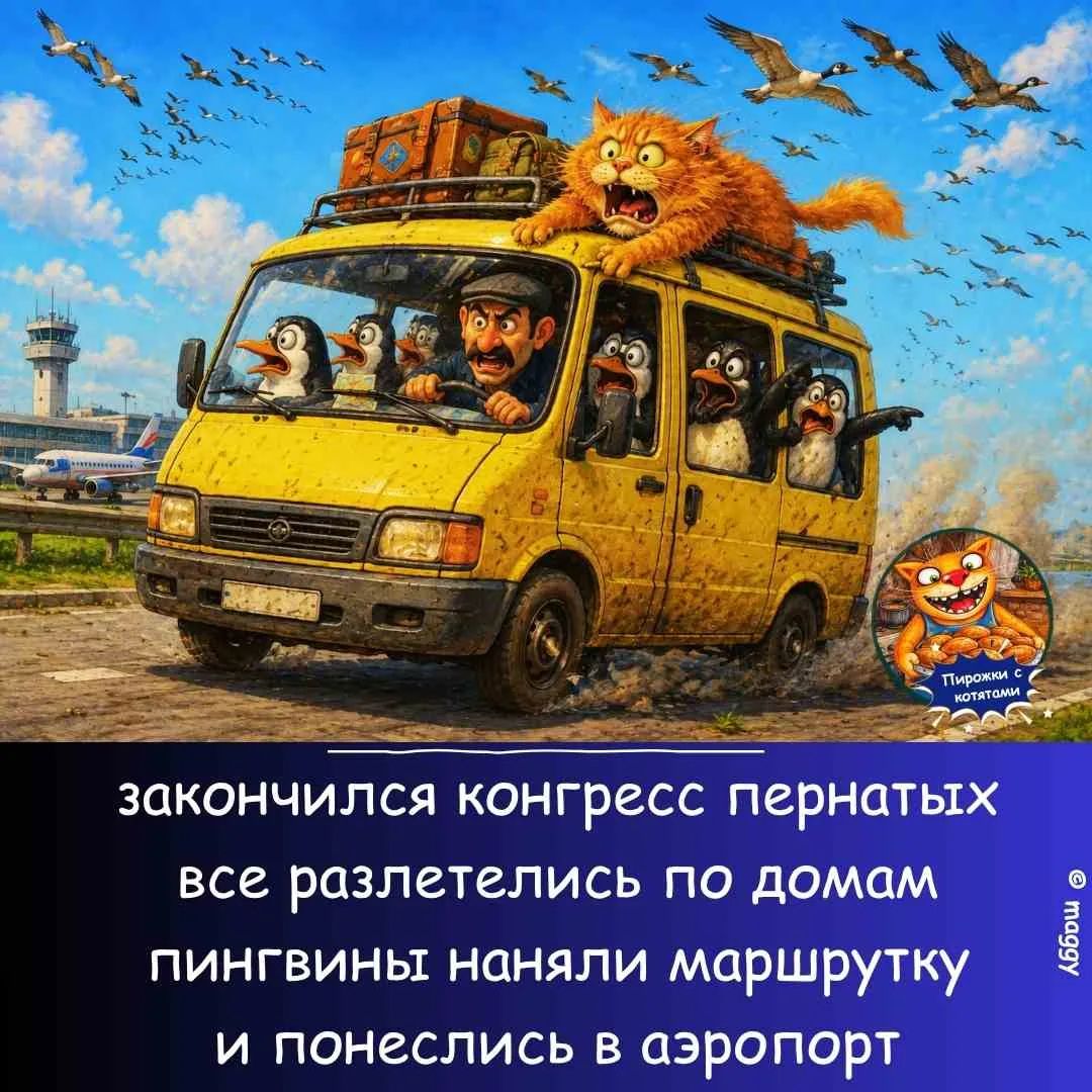закончился конгресс пернатых все разлетелись по домам пингвины наняли маршрутку и понеслись в аэропорт
