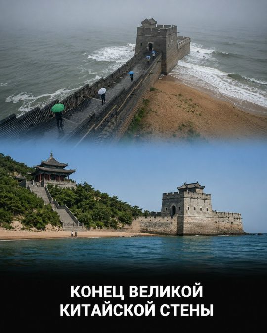 КОНЕЦ ВЕЛИКОЙ КИТАЙСКОЙ СТЕНЫ. На изображении показаны две фотографии одного и того же места – конца Великой Китайской стены, где она встречается с морем. На верхней фотографии стена изображена в пасмурную погоду с дождем и волнами, люди идут по ней с зонтами. На нижней фотографии то же место показано в солнечную погоду, с пляжем и традиционным