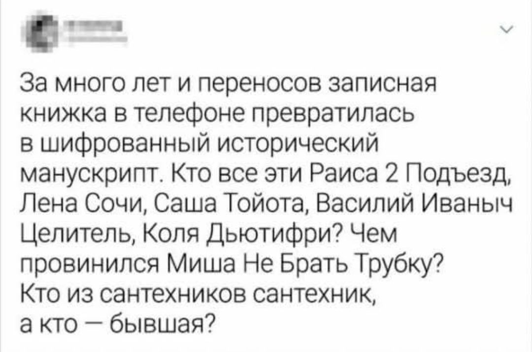 За много лет и переносов записная книжка в телефоне превратилась в шифрованный исторический манускрипт. Кто все эти Раиса 2 Подъезд, Лена Сочи, Саша Тойота, Василий Иваныч Целитель, Коля Дьютифри? Чем провинился Миша Не Брать Трубку? Кто из сантехников сантехник, а кто — бывшая?
