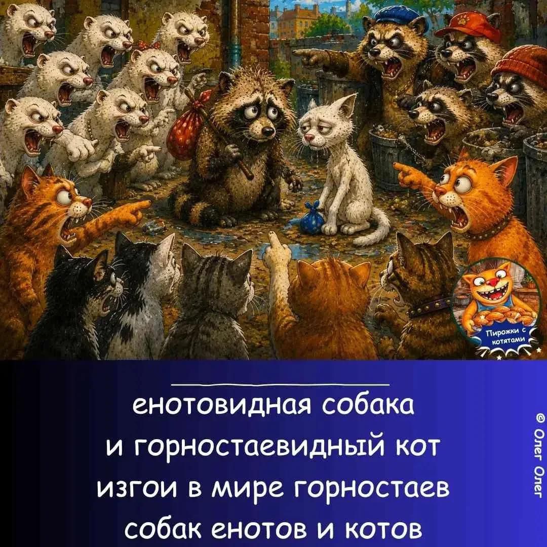 енотовидная собака и горностаевидный кот изгои в мире горностаев собак енотов и котов. Пирожки с котятами. © Олег Олег