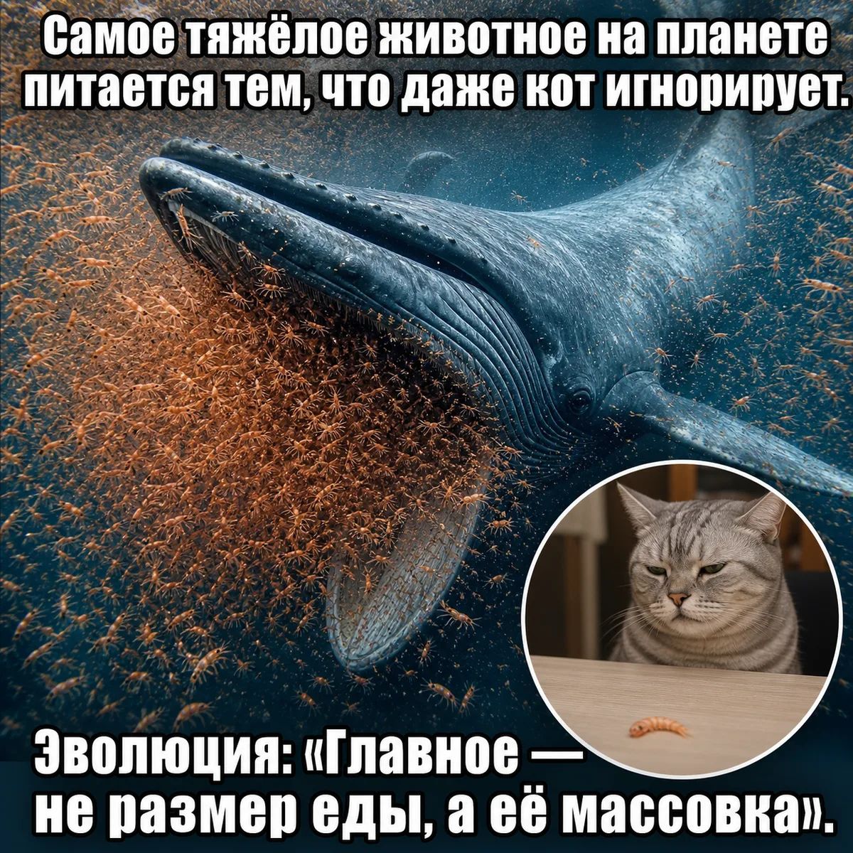 Самое тяжёлое животное на планете питается тем, что даже кот игнорирует. Эволюция: «Главное — не размер еды, а её массовка».