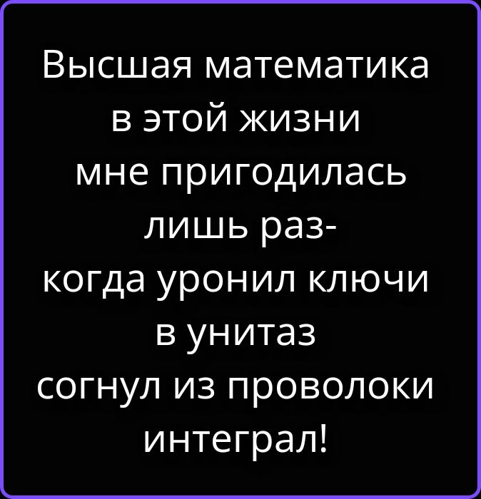 Высшая математика в этой жизни мне пригодилась лишь раз- когда уронил ключи в унитаз согнул из проволоки интеграл!