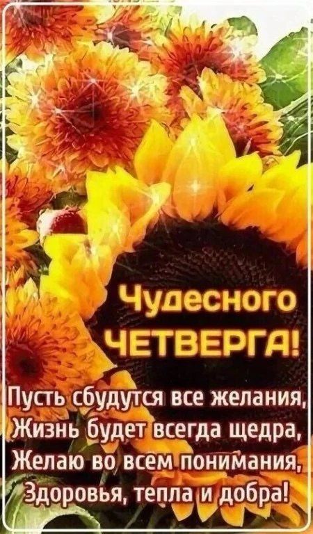 Чудесного четверга! Пусть сбудутся все желания, Жизнь будет всегда щедра, Желаю во всем понимания, Здоровья, тепла и добра!