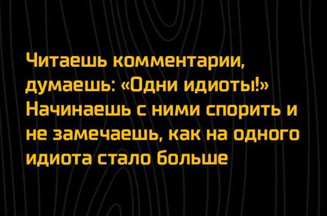 Читаешь комментарии, думаешь: «Одни идиоты!» Начинаешь с ними спорить и не замечаешь, как на одного идиота стало больше