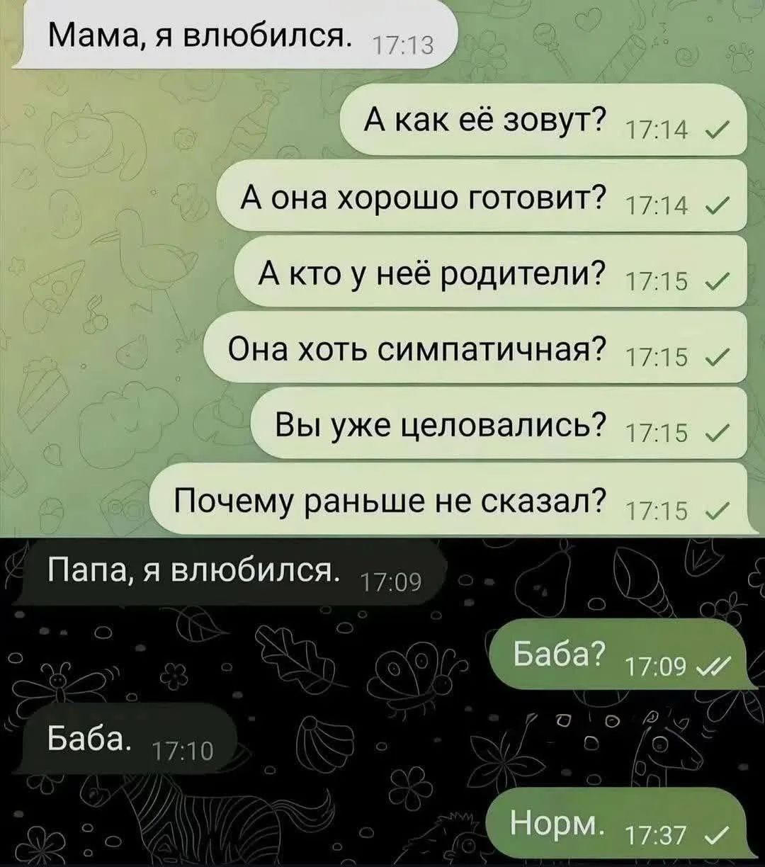 Мама, я влюбился. А как ее зовут? А она хорошо готовит? А кто у нее родители? Она хоть симпатичная? Вы уже целовались? Почему раньше не сказал? Папа, я влюбился. Баба? Баба. Норм.