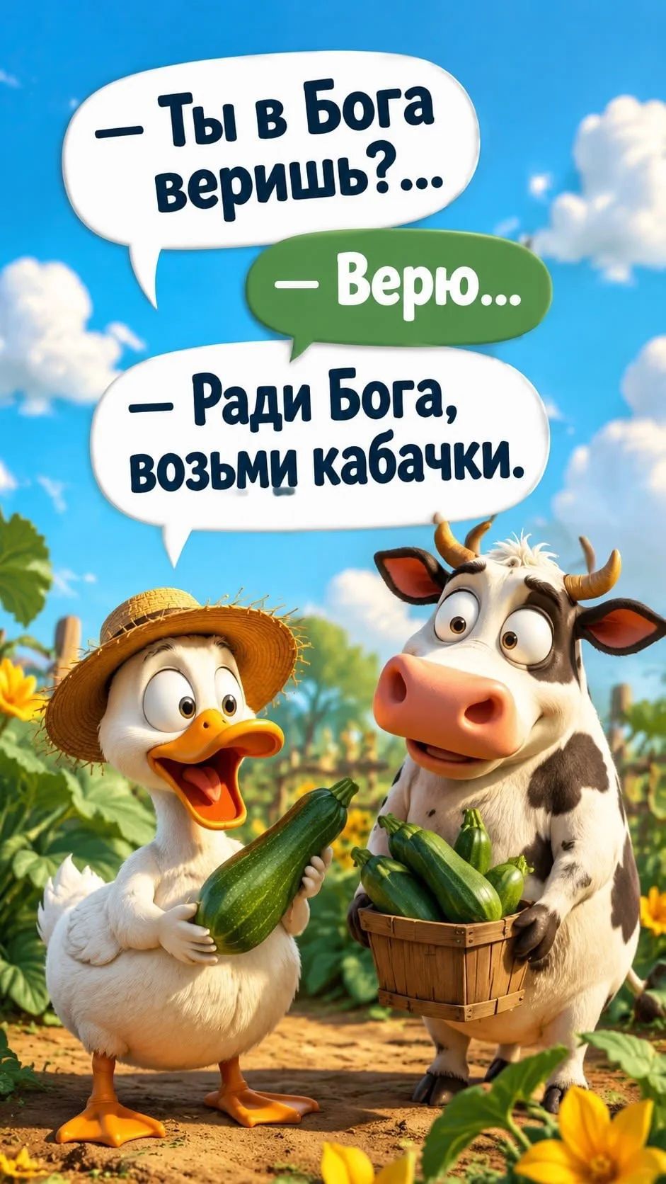 — Ты в Бога веришь? — Верю... — Ради Бога, возьми кабачки.