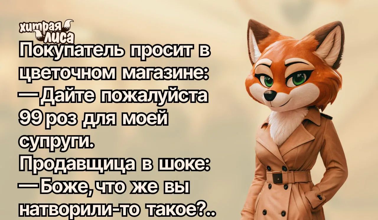 хитрые лиса Покупатель просит в цветочном магазине: — Дайте пожалуйста 99 роз для моей супруги. Продавщица в шоке: — Боже, что же вы натворили-то такое? ..