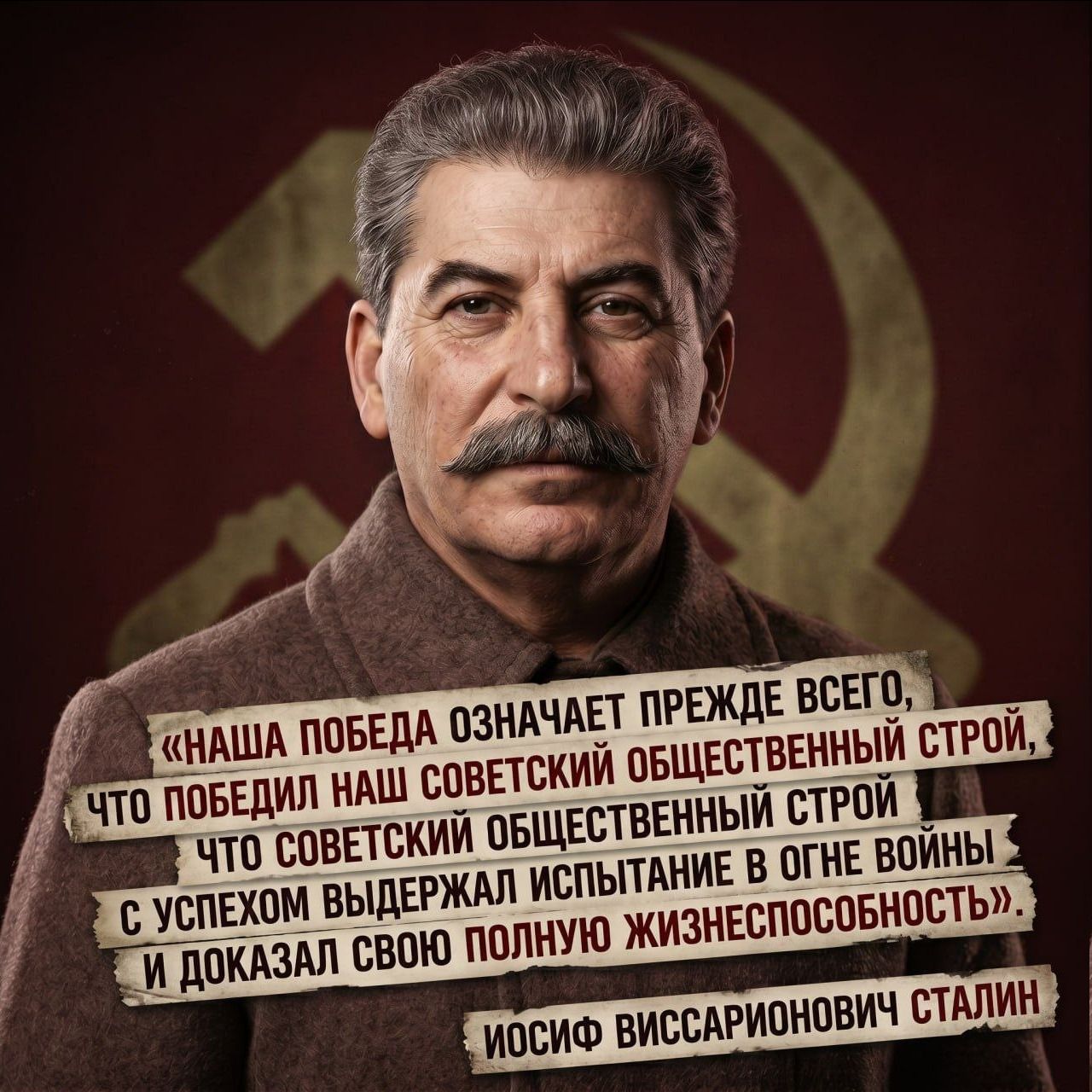 НАША ПОБЕДА ОЗНАЧАЕТ ПРЕЖДЕ ВСЕГО, ЧТО ПОБЕДИЛ НАШ СОВЕТСКИЙ ОБЩЕСТВЕННЫЙ СТРОЙ, ЧТО СОВЕТСКИЙ ОБЩЕСТВЕННЫЙ СТРОЙ С УСПЕХОМ ВЫДЕРЖАЛ ИСПЫТАНИЕ В ОГНЕ ВОЙНЫ И ДОКАЗАЛ СВОЮ ПОЛНУЮ ЖИЗНЕСПОСОБНОСТЬ. ИОСИФ ВИССАРИОНОВИЧ СТАЛИН