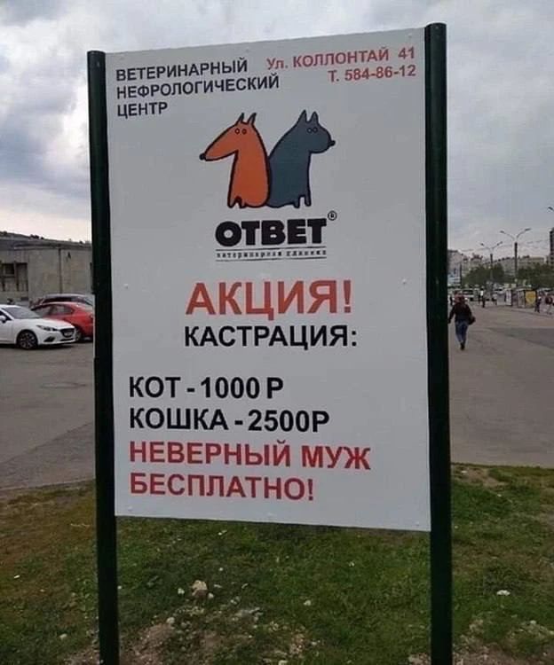 Ветеринарный нефрологический центр. Ул. Коллонтай 41. Т. 584-86-12. ОТВЕТ ветеринарная клиника. АКЦИЯ! КАСТРАЦИЯ: КОТ - 1000 Р, КОШКА - 2500Р, НЕВЕРНЫЙ МУЖ БЕСПЛАТНО!