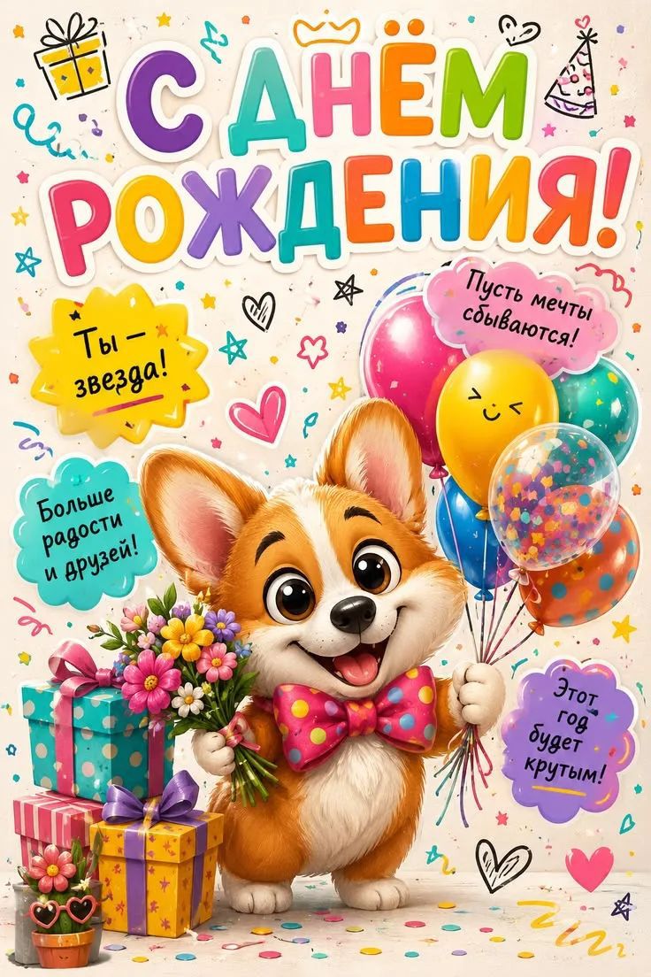 С днём рождения! Ты — звезда! Пусть мечты сбываются! Больше радости и друзей! Этот год будет крутым!