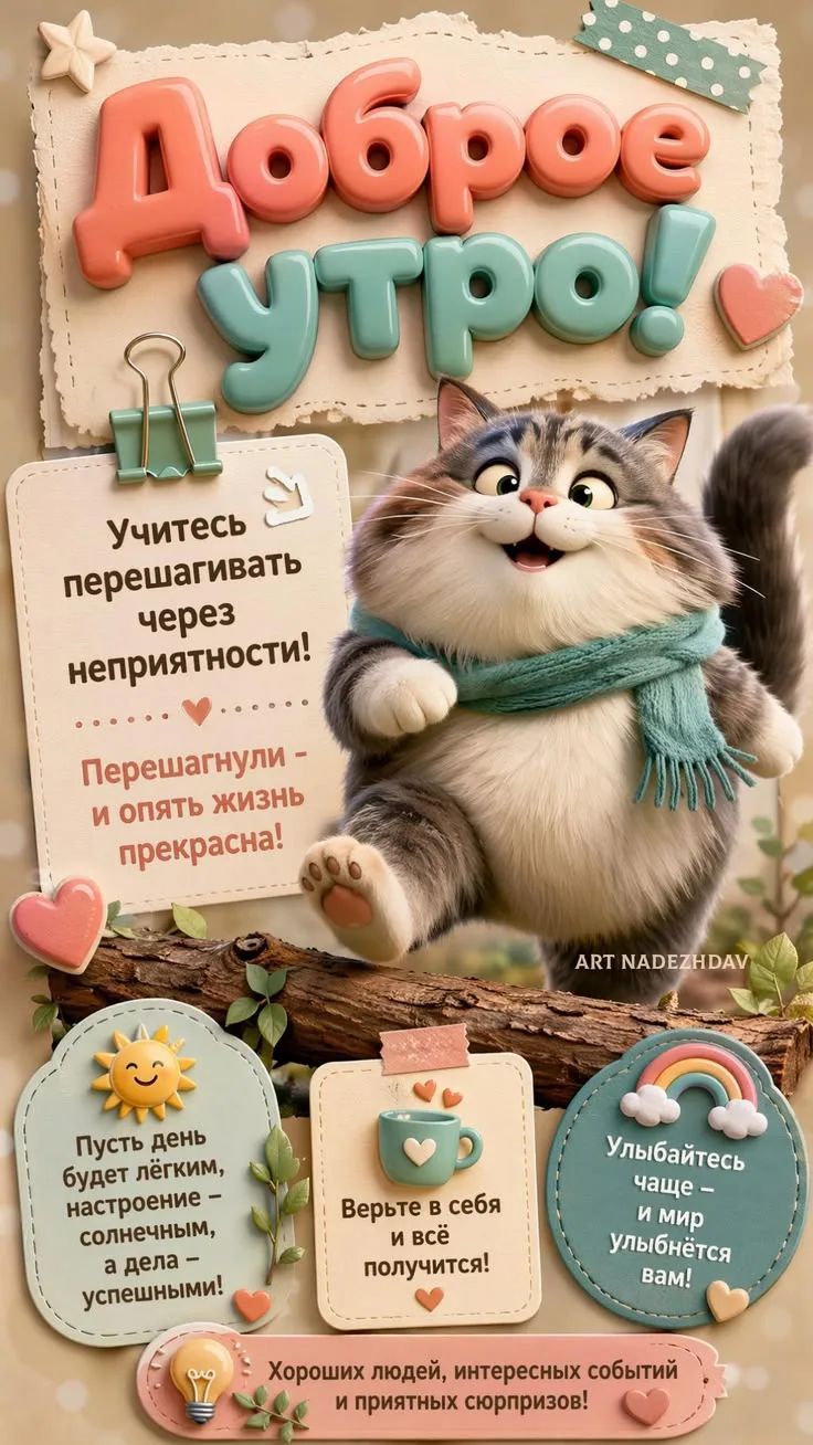 Доброе утро!
Учитесь перешагивать через неприятности!
Перешагнули - и опять жизнь прекрасна!
ART NADEZHDAV
Пусть день будет лёгким, настроение - солнечным, а дела - успешными!
Верьте в себя и всё получится!
Улыбайтесь чаще - и мир улыбнётся вам!
Хороших людей, интересных событий и приятных сюрпризов!