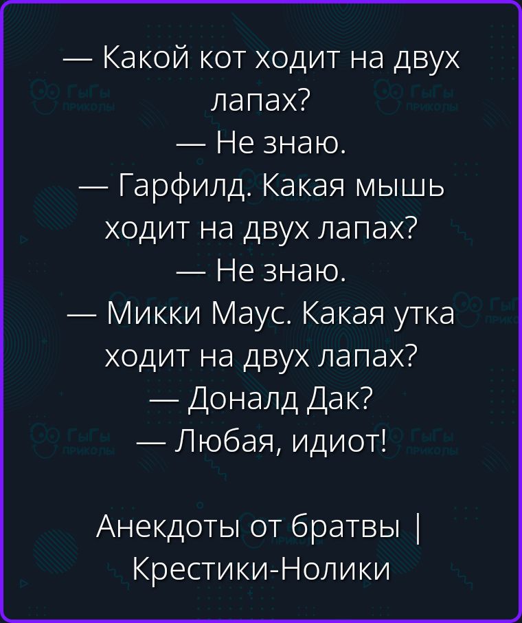 — Какой кот ходит на двух лапах? — Не знаю. — Гарфилд. Какая мышь ходит на двух лапах? — Не знаю. — Микки Маус. Какая утка ходит на двух лапах? — Дональд Дак? — Любая, идиот! Анекдоты от братвы | Крестики-Нолики