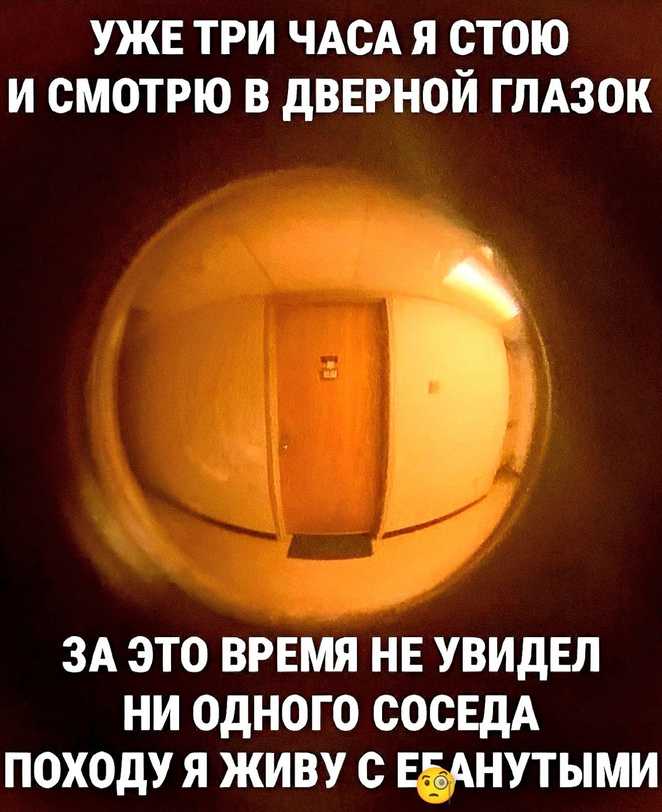 УЖЕ ТРИ ЧАСА Я СТОЮ И СМОТРЮ В ДВЕРНОЙ ГЛАЗОК ЗА ЭТО ВРЕМЯ НЕ УВИДЕЛ НИ ОДНОГО СОСЕДА ПОХОДУ Я ЖИВУ С ЕБАНУТЫМИ