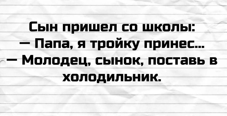 Сын пришел со школы: — Папа, я тройку принес... — Молодец, сынок, поставь в холодильник.