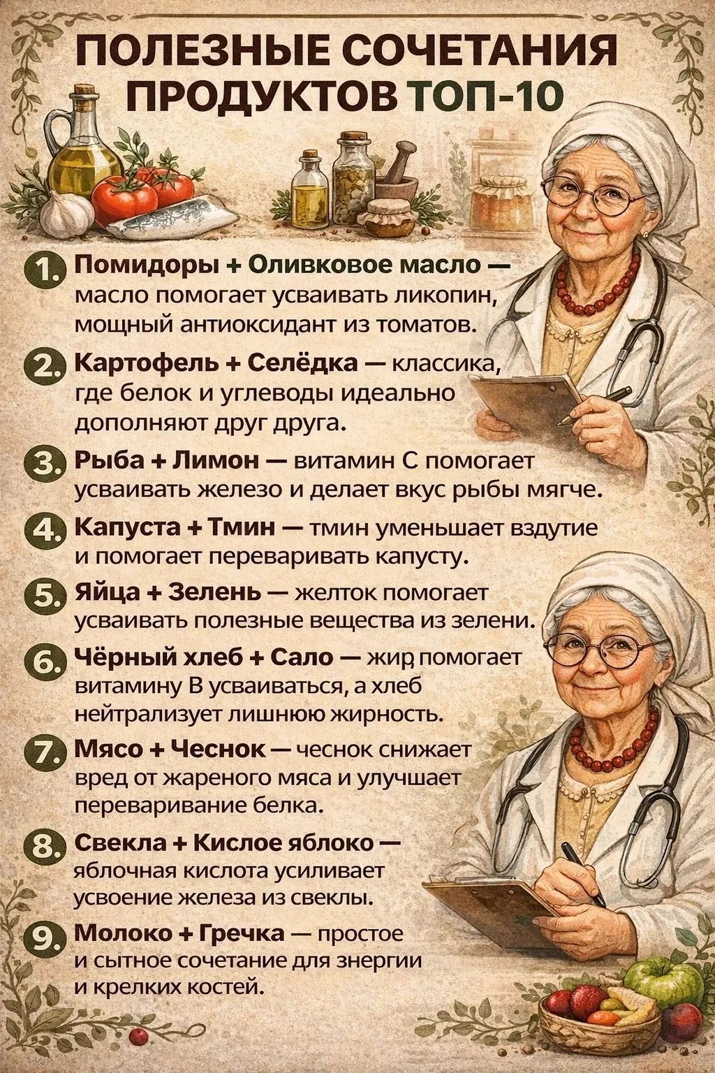 ПОЛЕЗНЫЕ СОЧЕТАНИЯ ПРОДУКТОВ ТОП-10 1. Помидоры + Оливковое масло — масло помогает усваивать ликопин, мощный антиоксидант из томатов. 2. Картофель + Селёдка — классика, где белок и углеводы идеально дополняют друг друга. 3. Рыба + Лимон — витамин С помогает усваивать железо и делает вкус рыбы мягче. 4. Капуста + Тмин — тмин уменьшает вздутие и