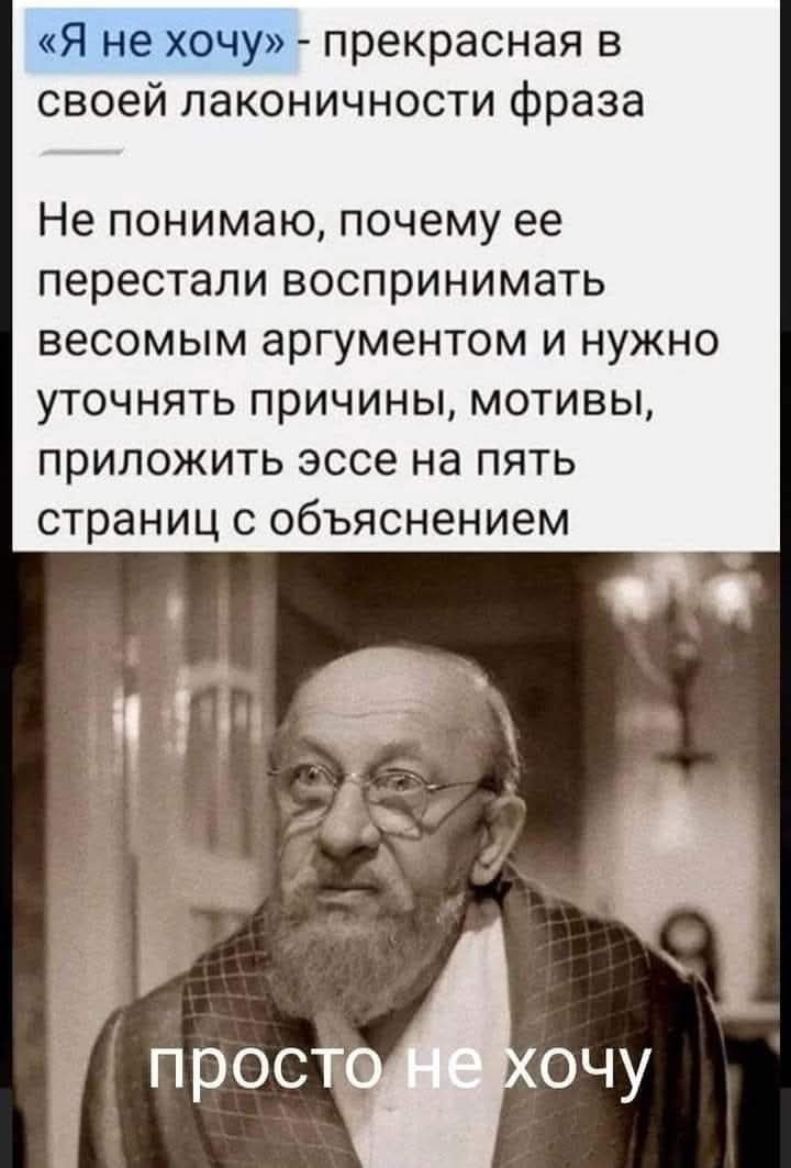 «Я не хочу» - прекрасная в своей лаконичности фраза. Не понимаю, почему ее перестали воспринимать весомым аргументом и нужно уточнять причины, мотивы, приложить эссе на пять страниц с объяснением. просто не хочу