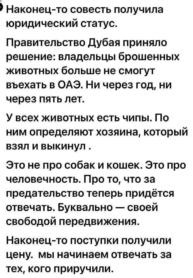Наконец-то совесть получила юридический статус. Правительство Дубая приняло решение: владельцы брошенных животных больше не смогут въехать в ОАЭ. Ни через год, ни через пять лет. У всех животных есть чипы. По ним определяют хозяина, который взял и выкинул. Это не про собак и кошек. Это про человечность. Про то, что за предательство теперь придётся