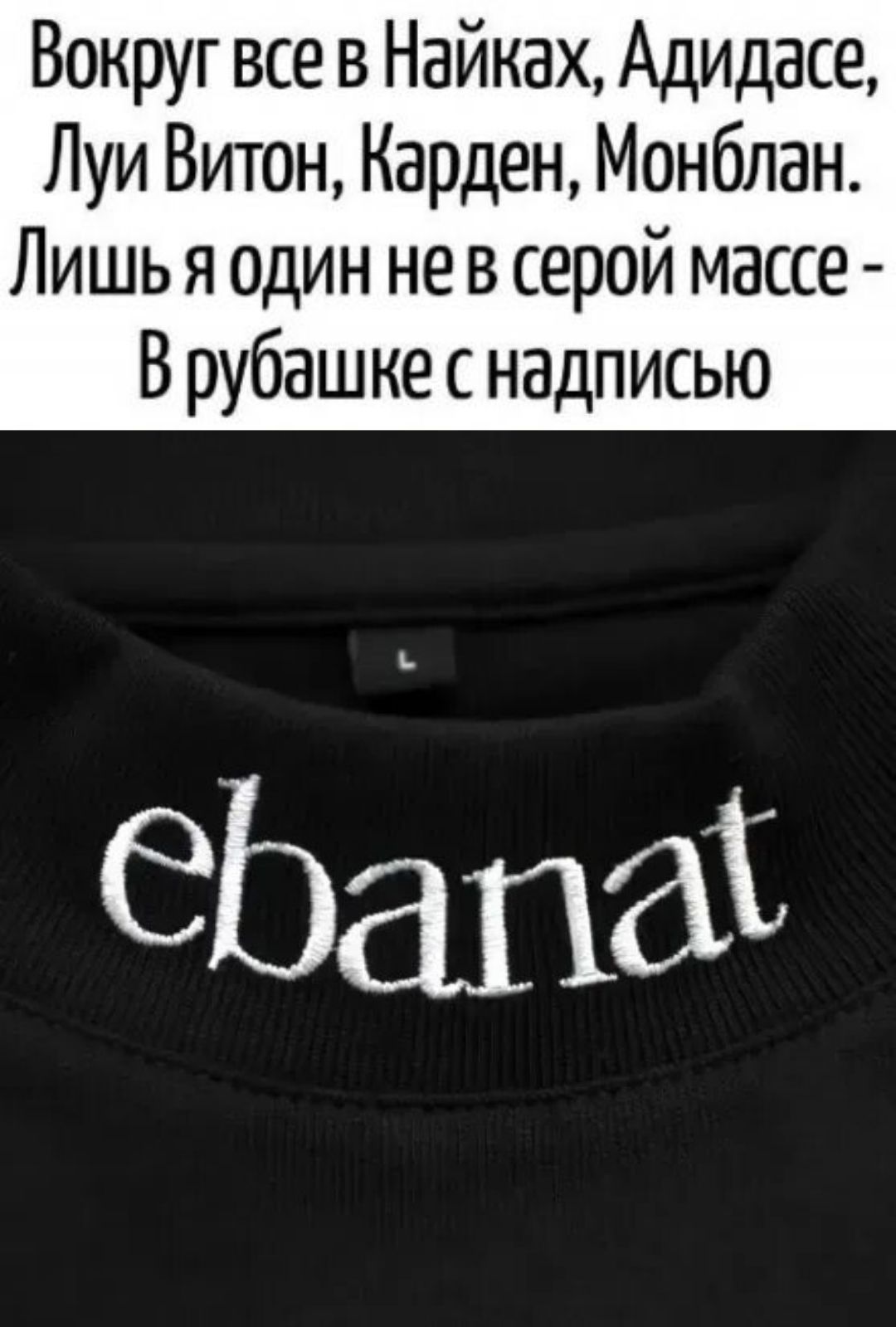 Вокруг все в Найках, Адидасе, Луи Витон, Карден, Монблан. Лишь я один не в серой массе — В рубашке с надписью ebanat