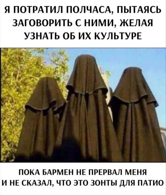 Я потратил полчаса, пытаясь заговорить с ними, желая узнать об их культуре. Пока бармен не прервал меня и не сказал, что это зонты для патио.