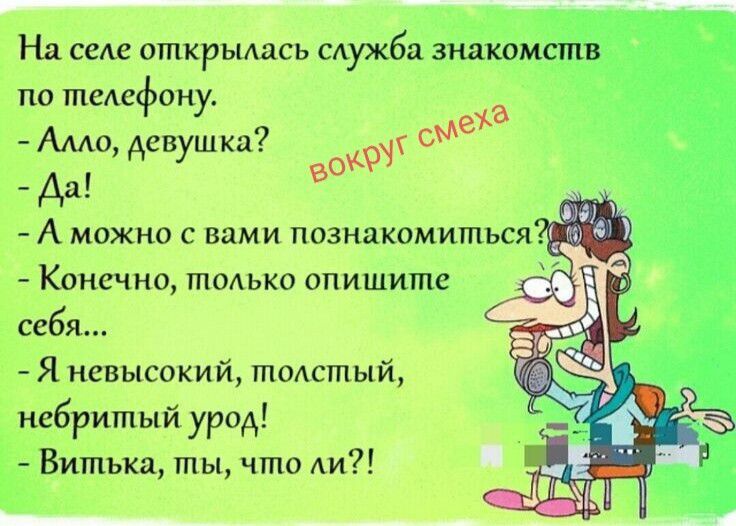 На селе открылась служба знакомств по телефону.
- Алло, девушка?
- Да!
- А можно с вами познакомиться?
- Конечно, только опишите себя...
- Я невысокий, толстый, небритый урод!
- Витька, ты, что ли?!