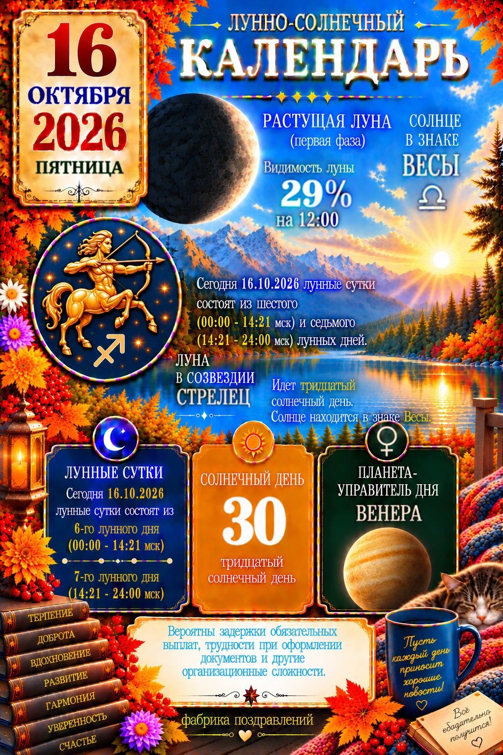 16 октября 2026 пятница. Лунно-солнечный календарь. Растущая луна (первая фаза). Видимость луны 29% на 12:00. Солнце в знаке Весы. Сегодня 16.10.2026 лунные сутки состоят из шестого (00:00 - 14:21 мск) и седьмого (14:21 - 24:00 мск) лунных дней. Луна в созвездии Стрелец. Идет тридцатый солнечный день. Солнце находится в знаке Весы.