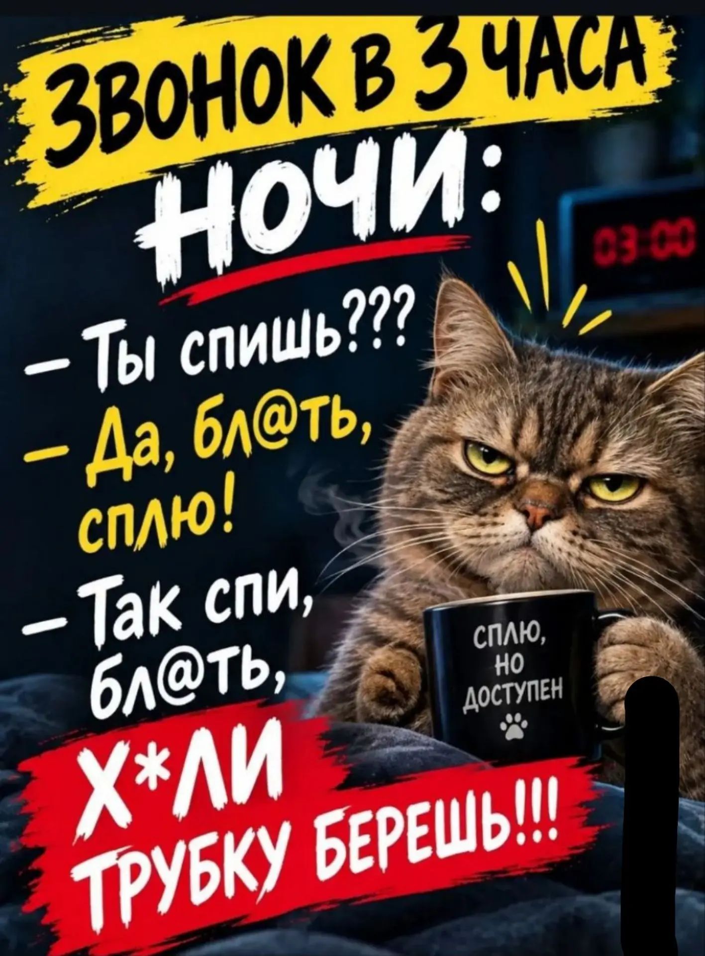 ЗВОНОК В 3 ЧАСА НОЧИ: - Ты спишь??? - Да, бл@ть, сплю! - Так спи, бл@ть, х*ли трубку берешь!!! СПЛЮ, НО ДОСТУПЕН